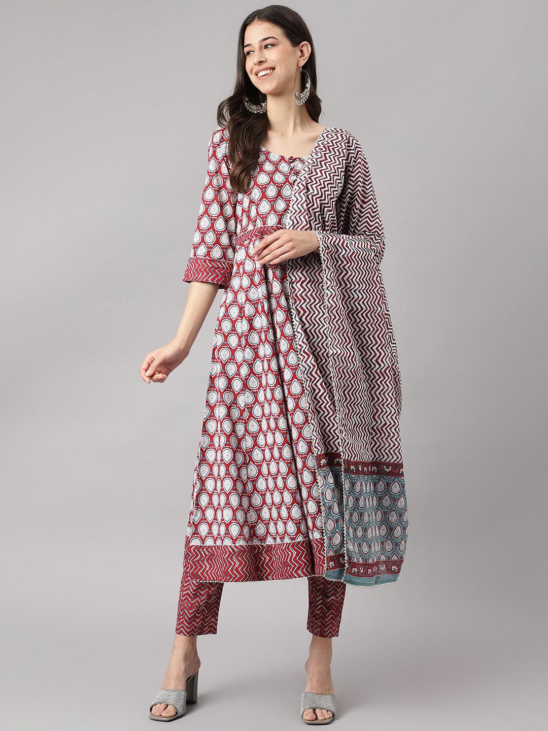   Maroon Cotton Anakali Kurta pant set with Dupatta 
