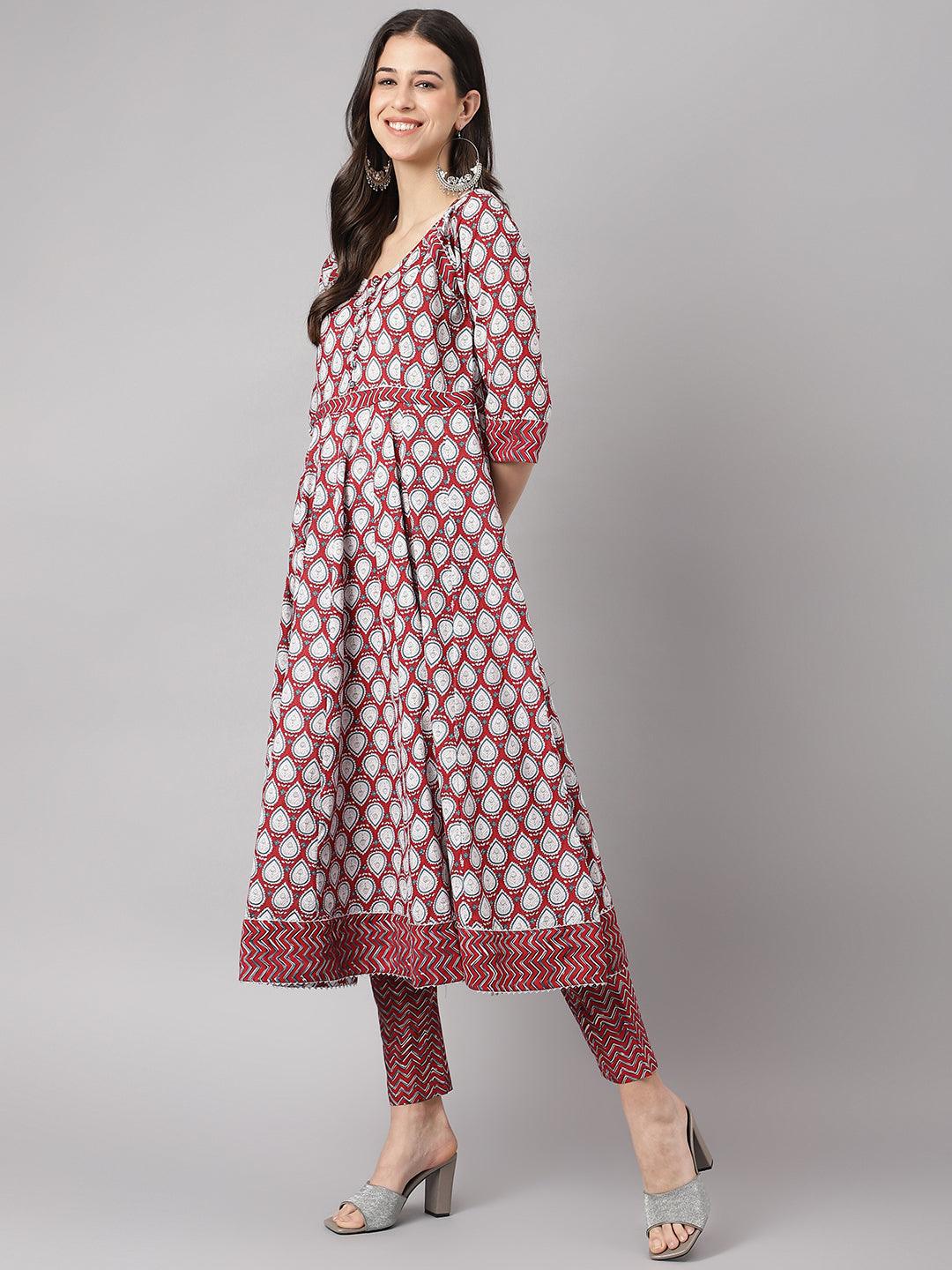   Maroon Cotton Anakali Kurta pant set with Dupatta 