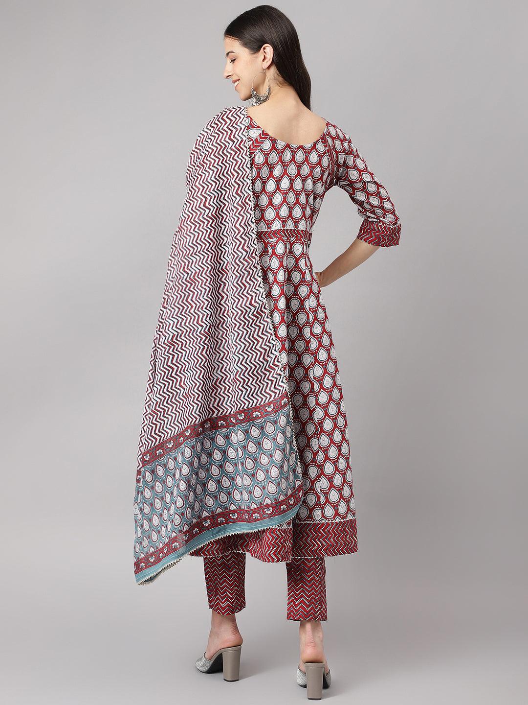   Maroon Cotton Anakali Kurta pant set with Dupatta 