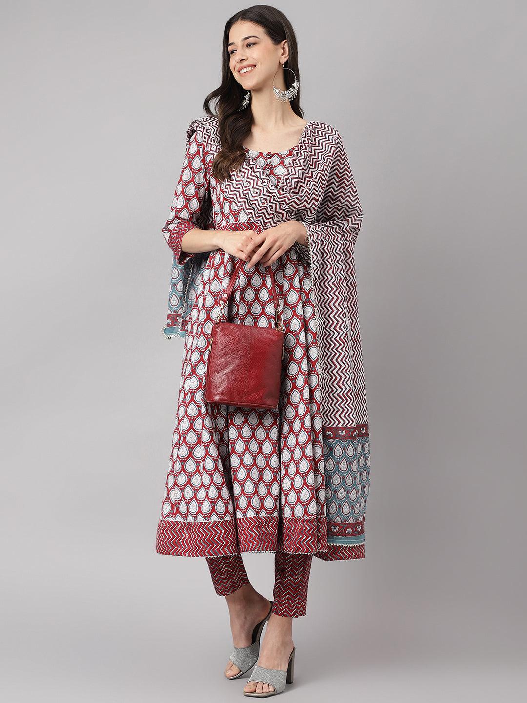   Maroon Cotton Anakali Kurta pant set with Dupatta 