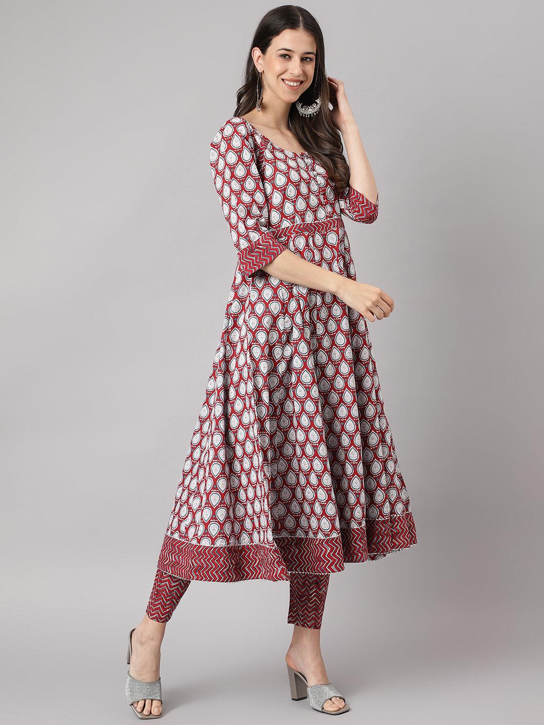   Maroon Cotton Anakali Kurta pant set with Dupatta 
