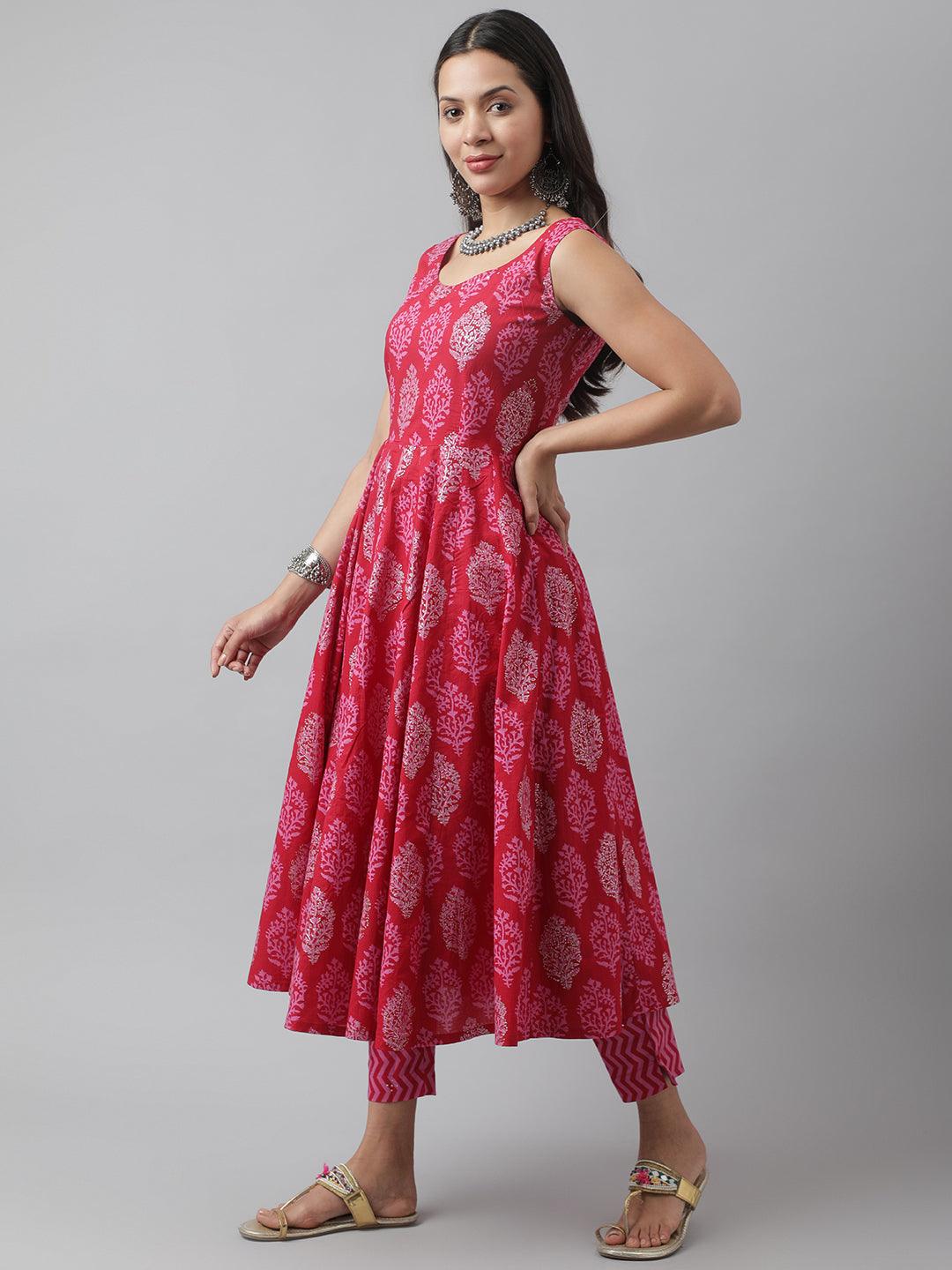  Magenta Floral Cotton Anarkali Kurta Pant Set with Dupatta 