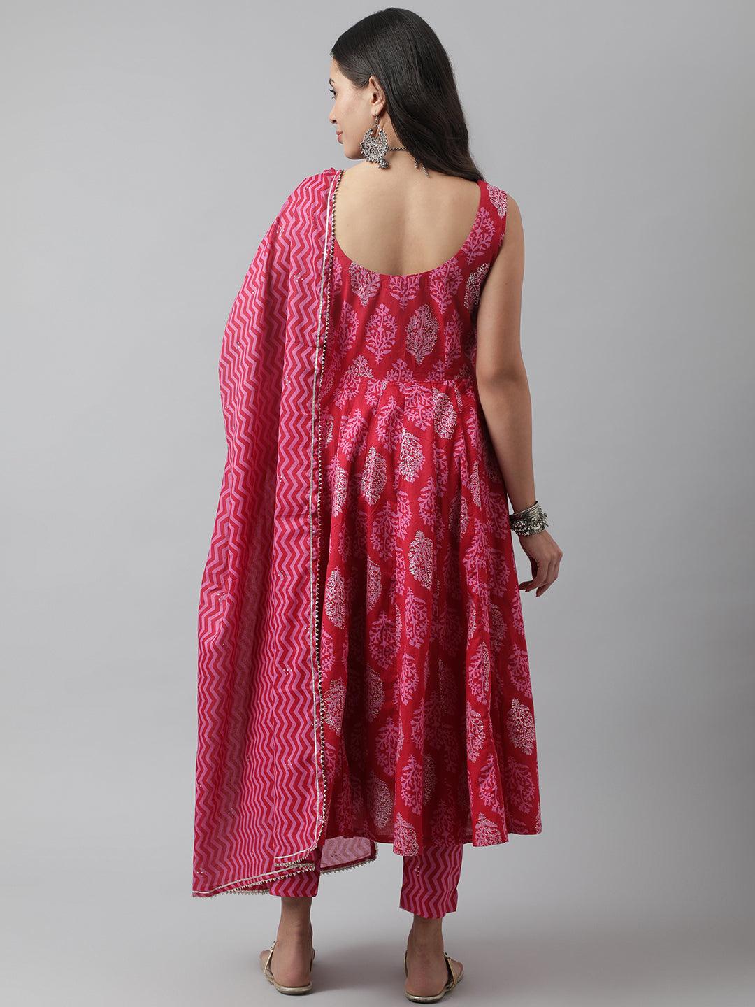  Magenta Floral Cotton Anarkali Kurta Pant Set with Dupatta 