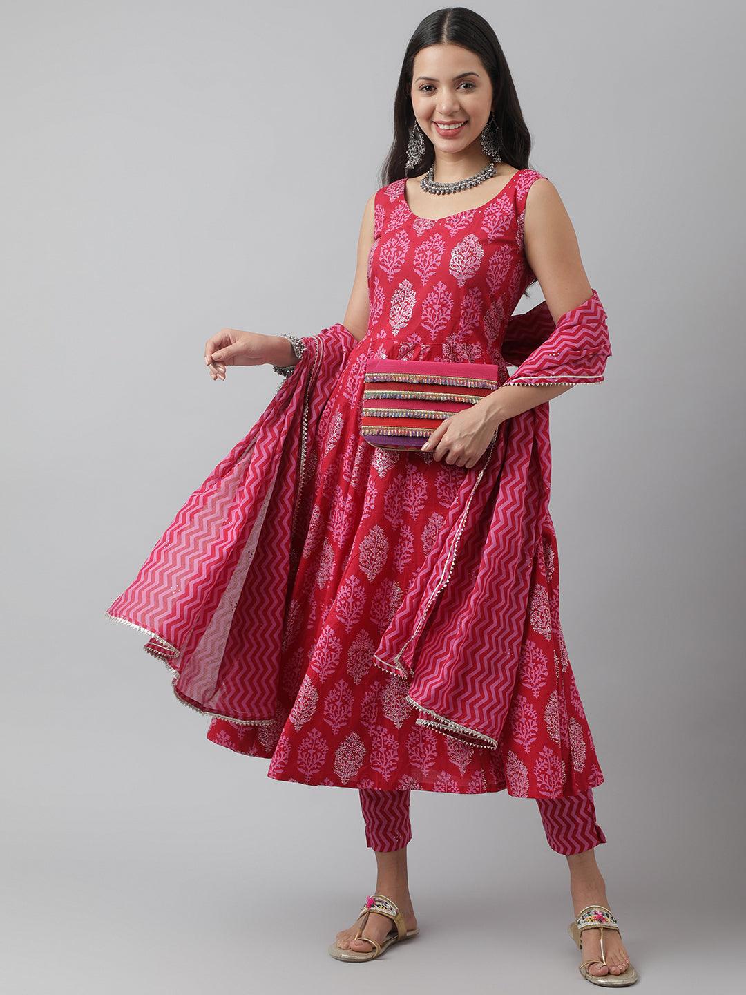  Magenta Floral Cotton Anarkali Kurta Pant Set with Dupatta 
