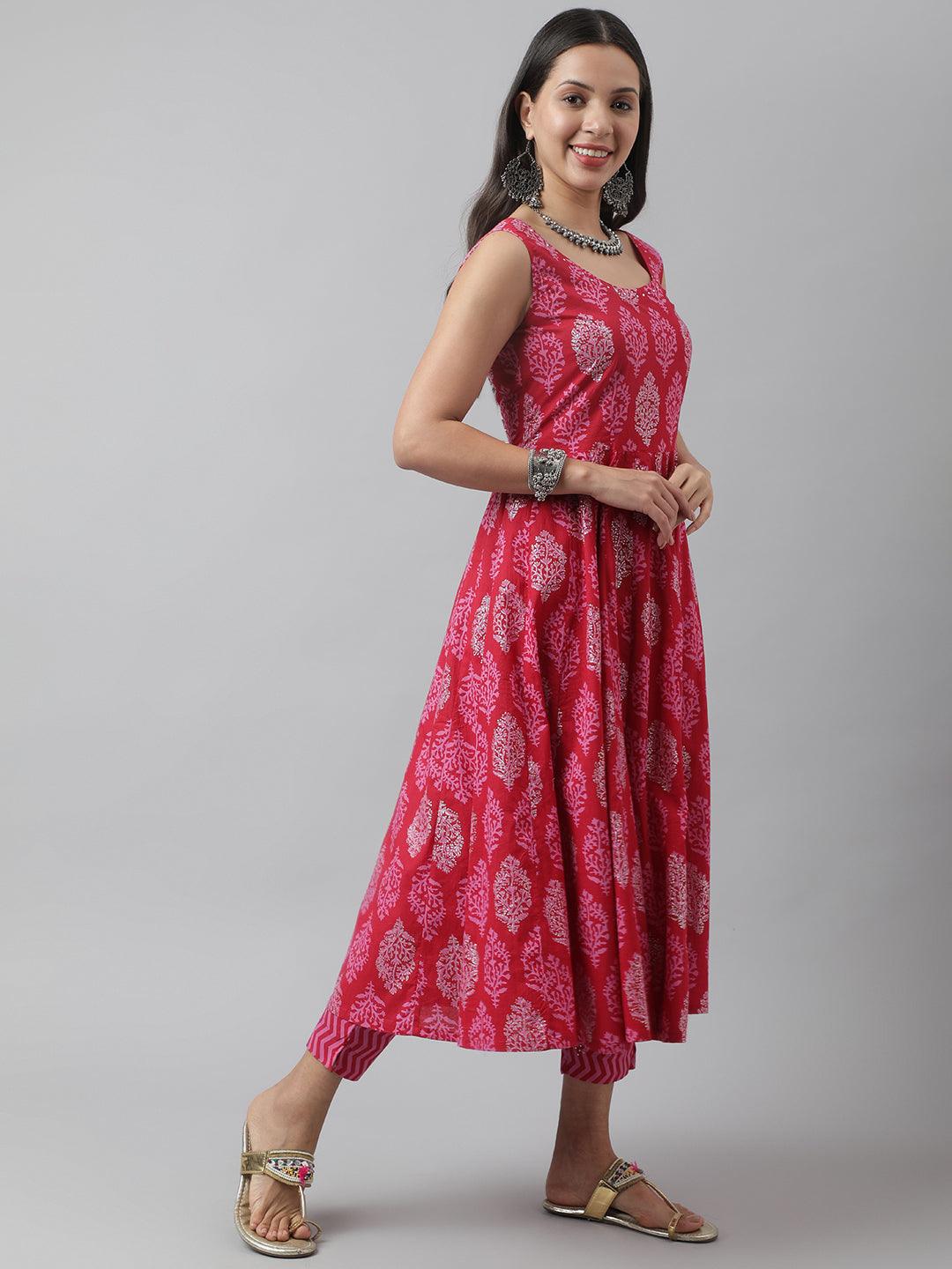  Magenta Floral Cotton Anarkali Kurta Pant Set with Dupatta 