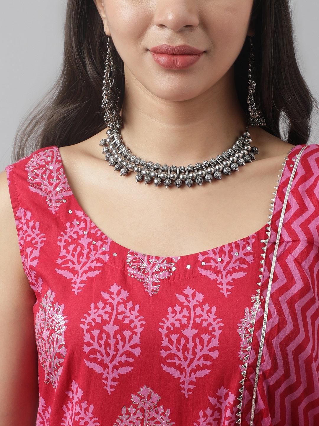  Magenta Floral Cotton Anarkali Kurta Pant Set with Dupatta 