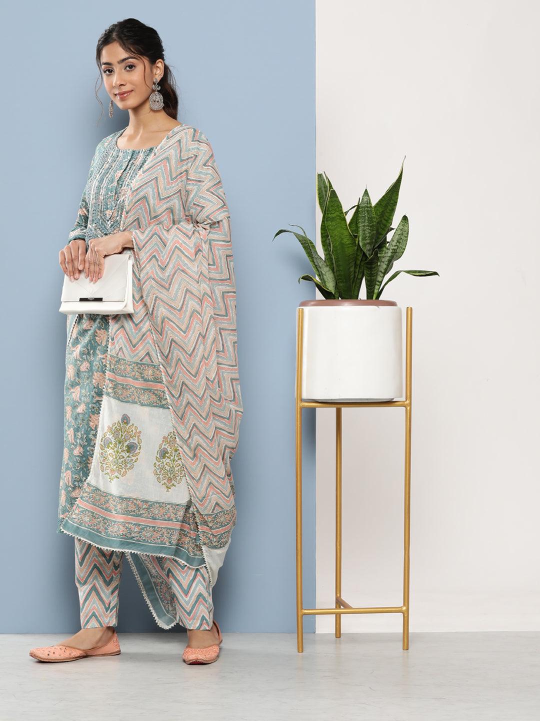  Teal Blue Cotton Straight pant set with Dupatta  
