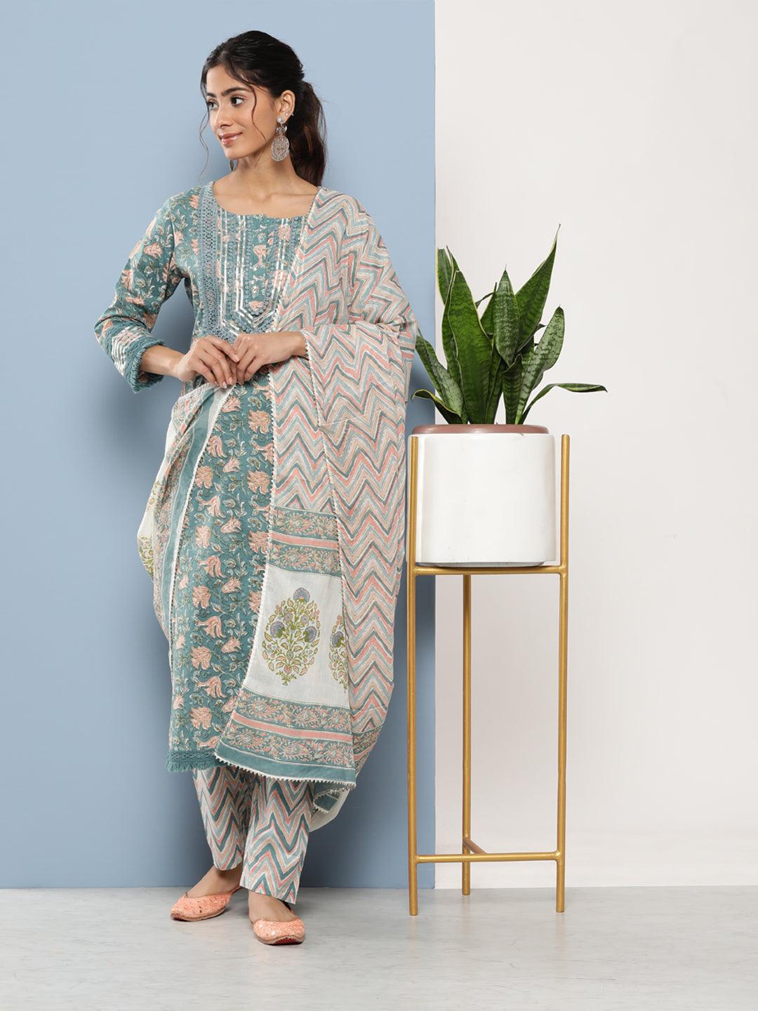  Teal Blue Cotton Straight pant set with Dupatta  