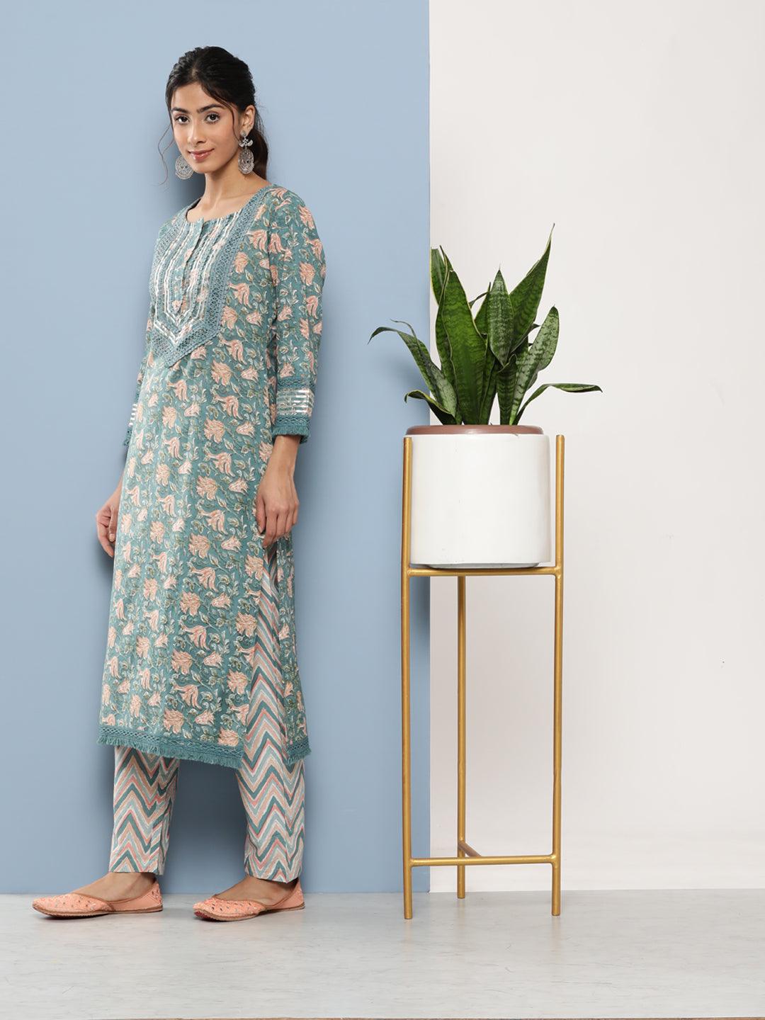  Teal Blue Cotton Straight pant set with Dupatta  
