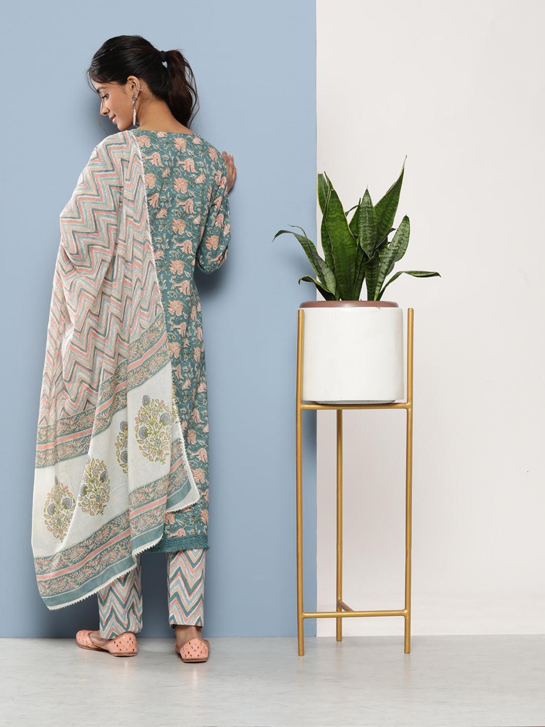  Teal Blue Cotton Straight pant set with Dupatta  