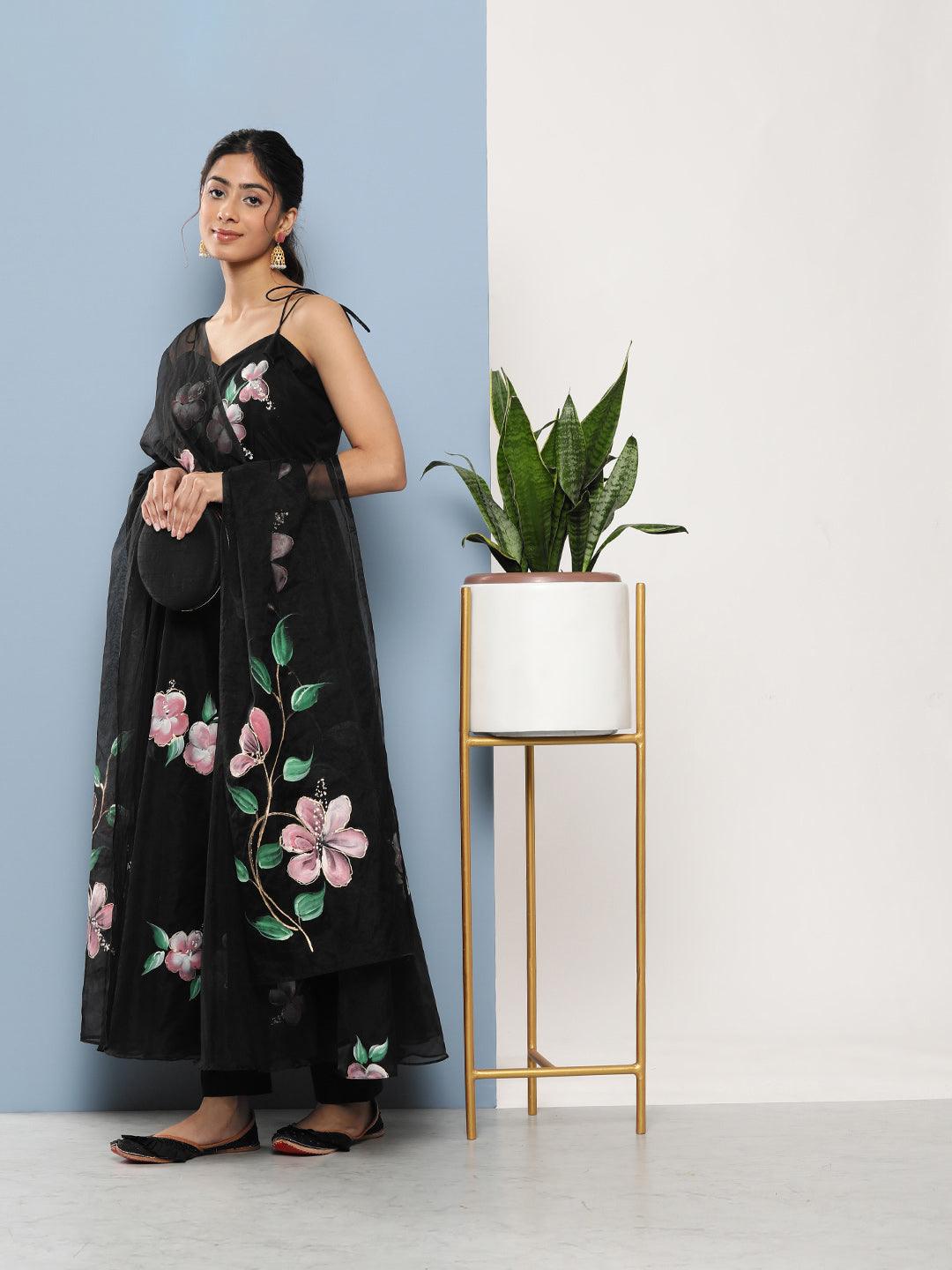   Black Hand Painted Floral Organza Anarkali Kurta Pant Set with Dupatta  