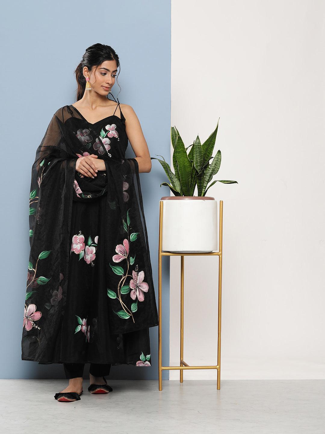   Black Hand Painted Floral Organza Anarkali Kurta Pant Set with Dupatta  