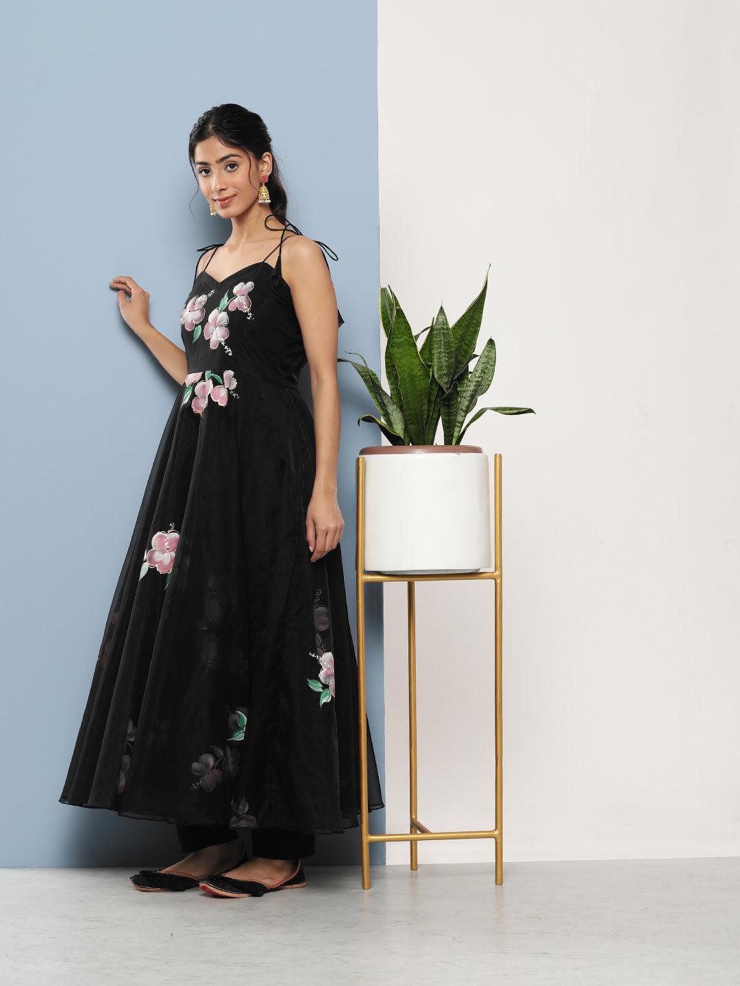   Black Hand Painted Floral Organza Anarkali Kurta Pant Set with Dupatta  