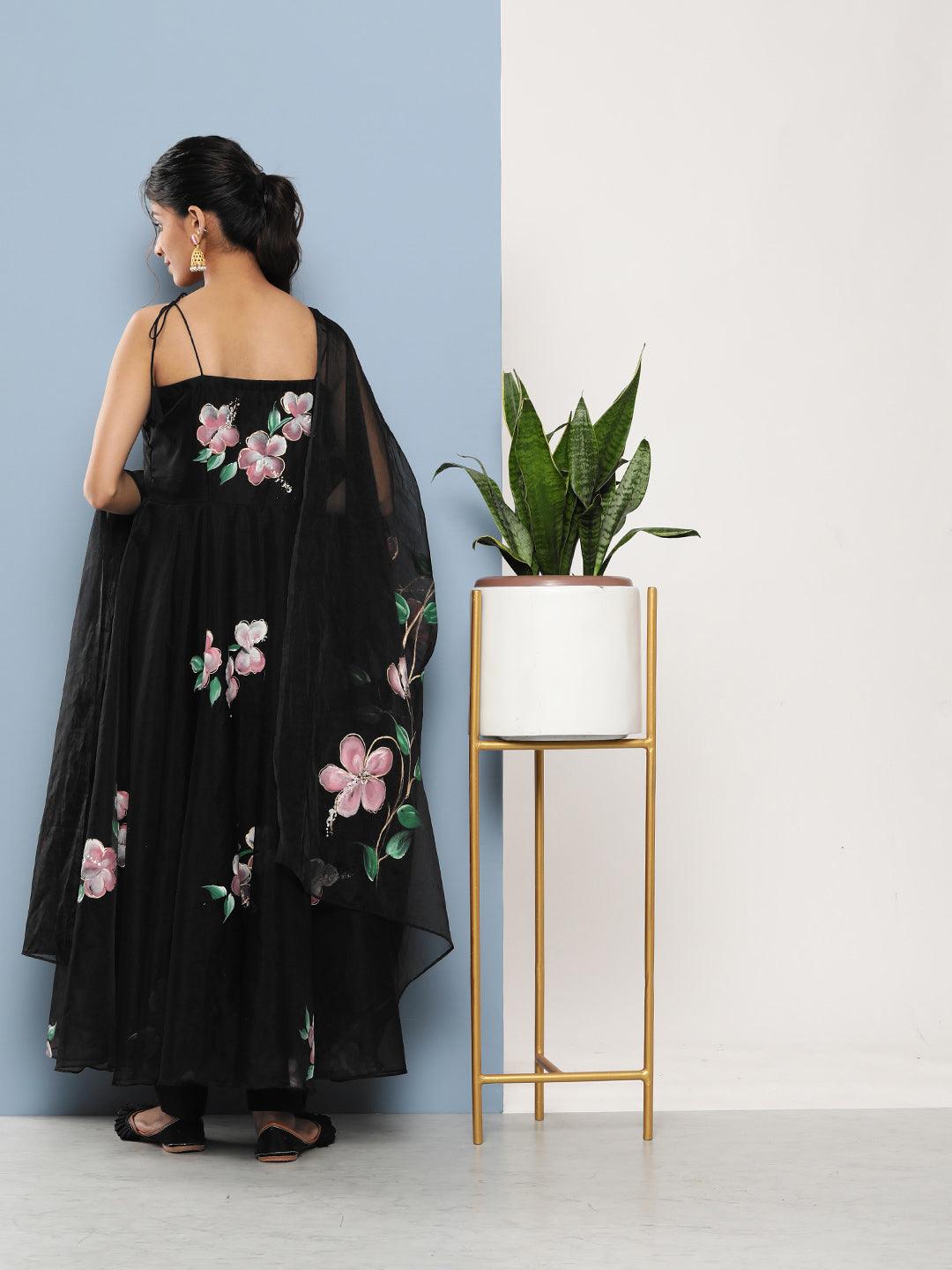   Black Hand Painted Floral Organza Anarkali Kurta Pant Set with Dupatta  