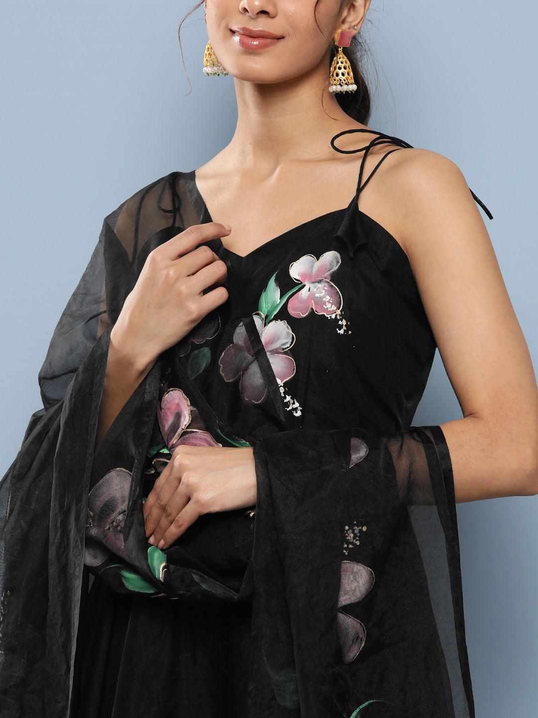   Black Hand Painted Floral Organza Anarkali Kurta Pant Set with Dupatta  