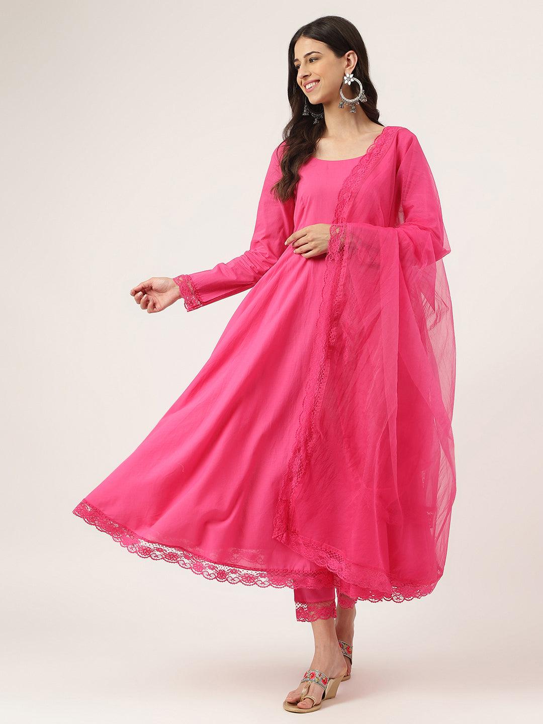  Pink Solid Anarkali Kurta Pant set with Dupatta 