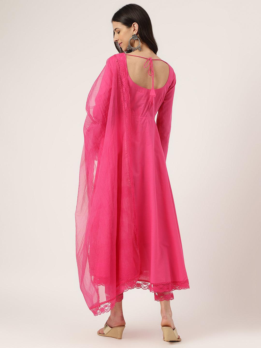  Pink Solid Anarkali Kurta Pant set with Dupatta 