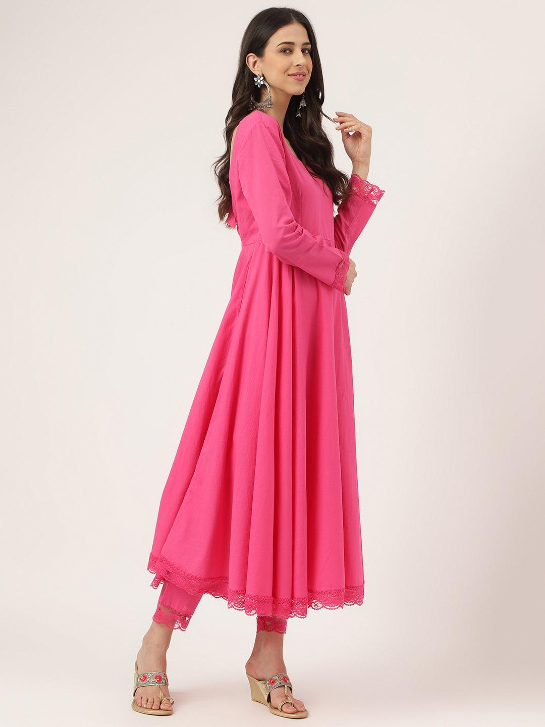  Pink Solid Anarkali Kurta Pant set with Dupatta 