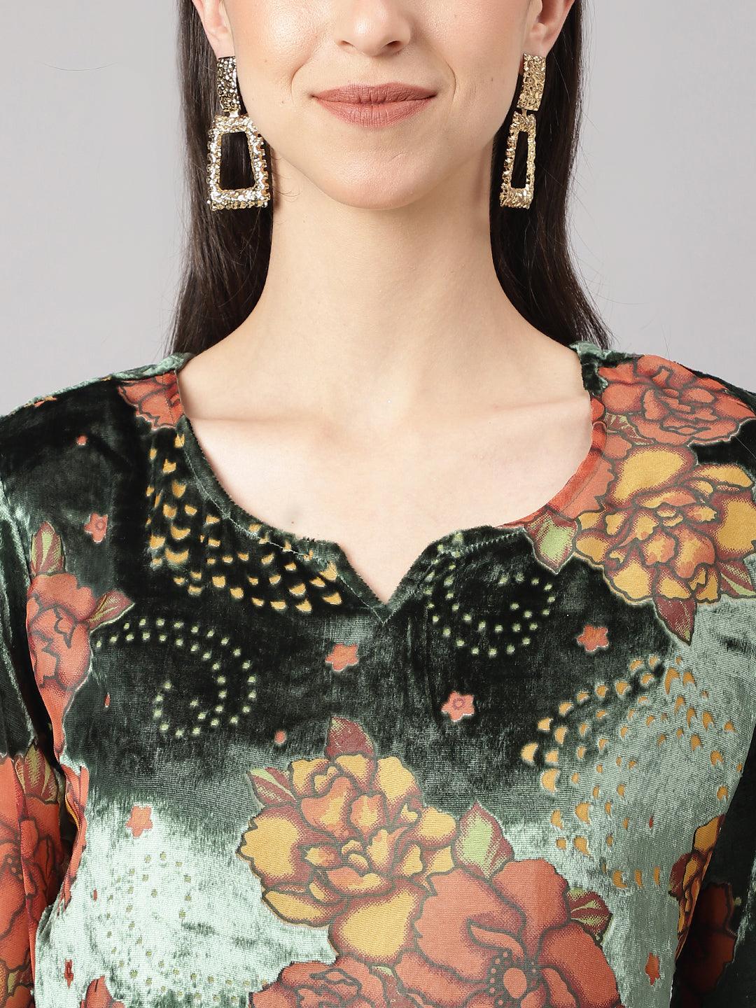  Green Burn out Velvet Kurta Harem Pant with Organza Dupatta  