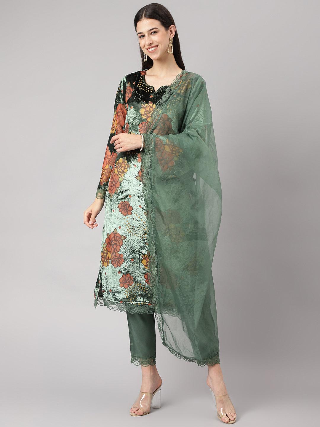  Green Burn out Velvet Kurta Harem Pant with Organza Dupatta  