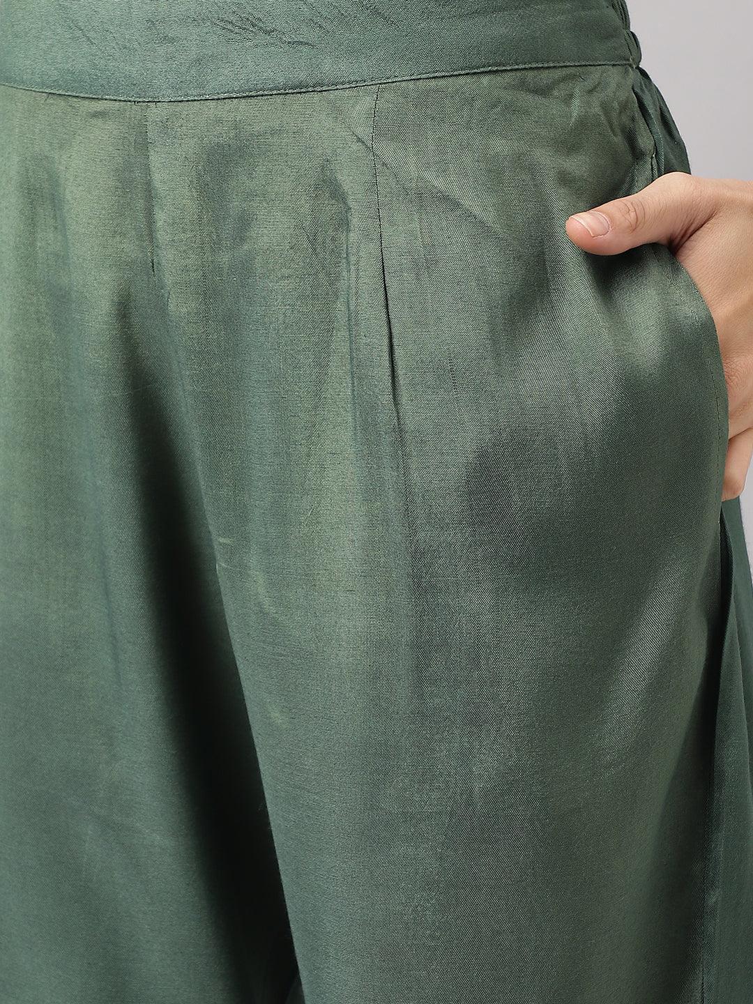  Green Burn out Velvet Kurta Harem Pant with Organza Dupatta  
