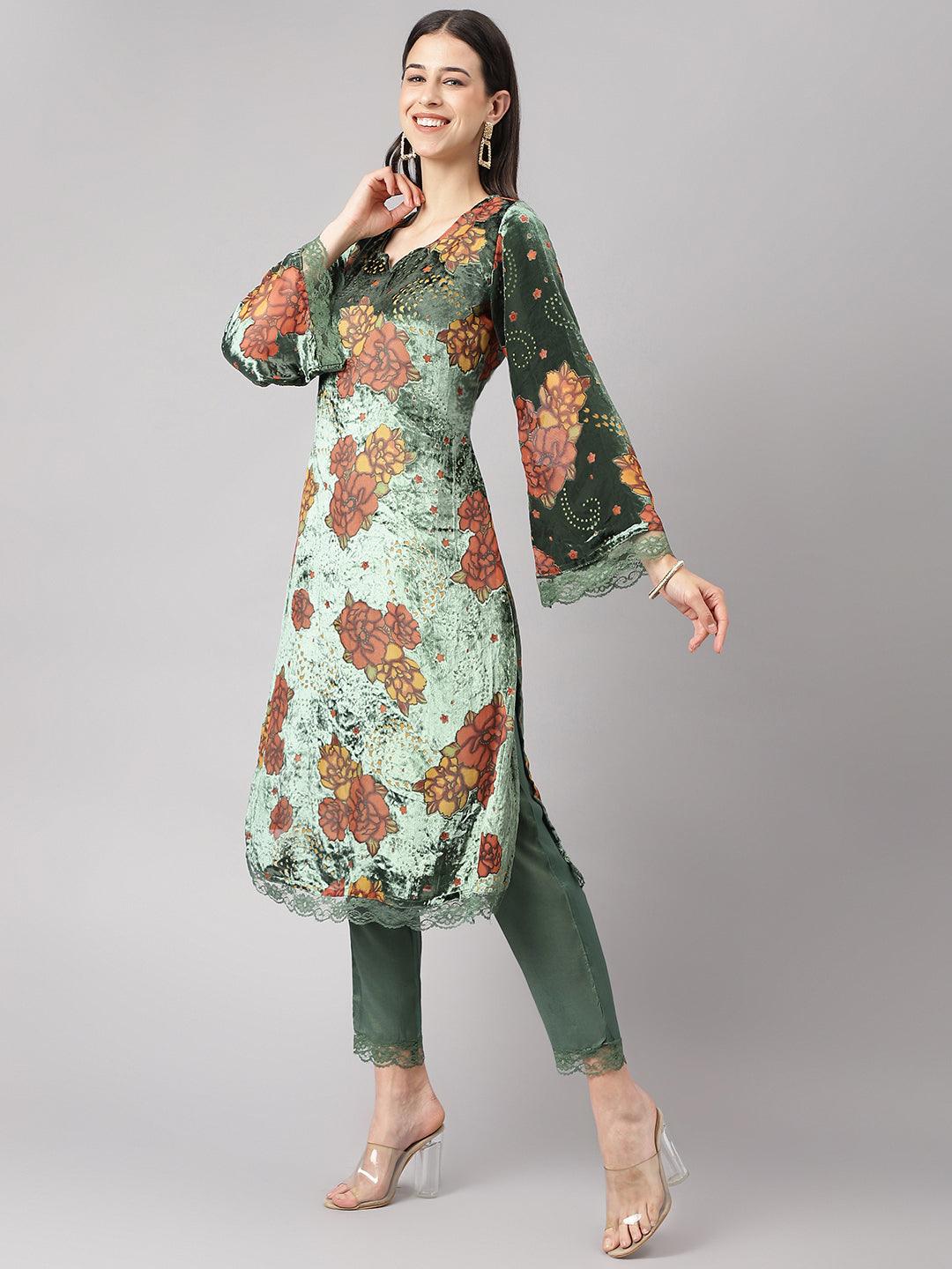  Green Burn out Velvet Kurta Harem Pant with Organza Dupatta  