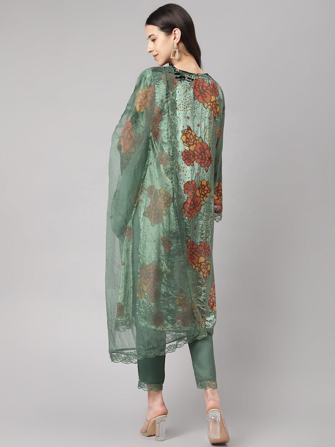  Green Burn out Velvet Kurta Harem Pant with Organza Dupatta  