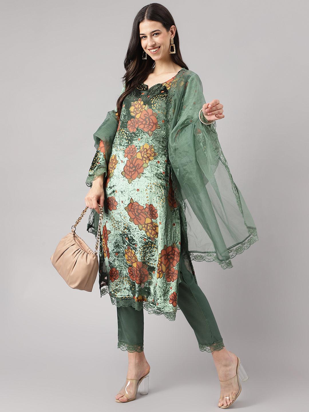  Green Burn out Velvet Kurta Harem Pant with Organza Dupatta  