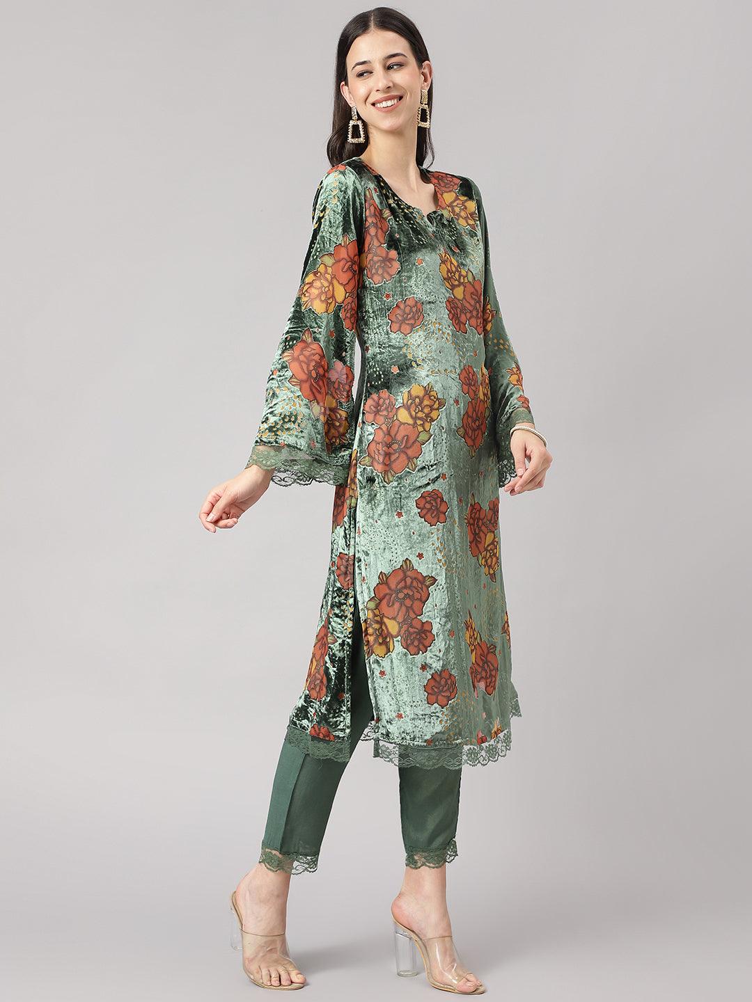  Green Burn out Velvet Kurta Harem Pant with Organza Dupatta  