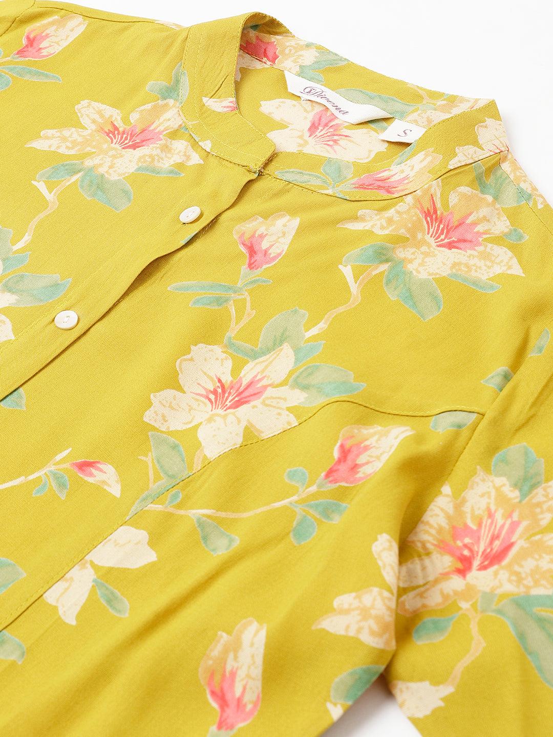  Yellow Floral printed Rayon A-line Shirts Style Top 