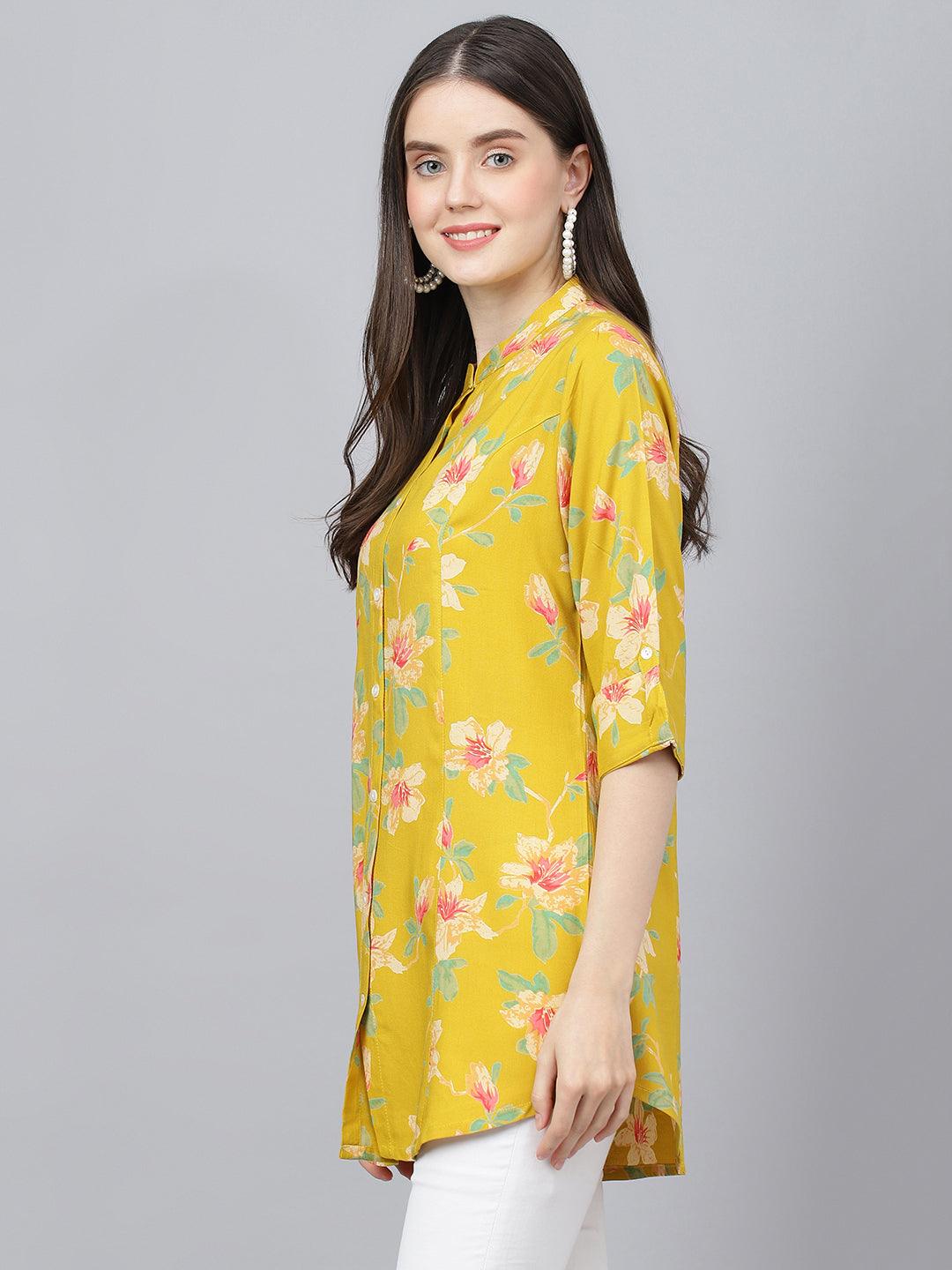  Yellow Floral printed Rayon A-line Shirts Style Top 
