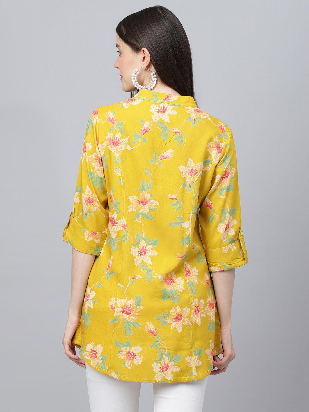  Yellow Floral printed Rayon A-line Shirts Style Top 