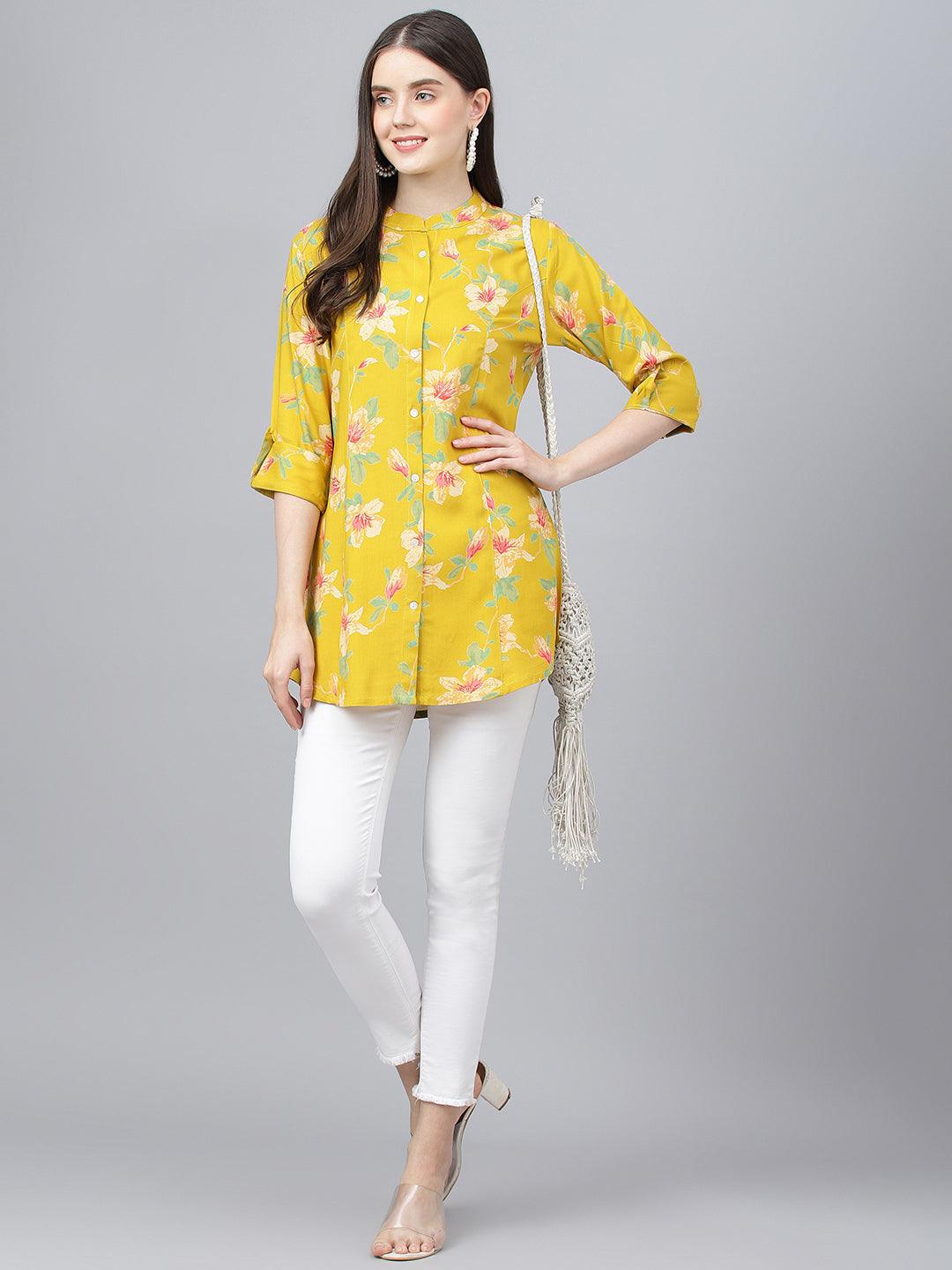  Yellow Floral printed Rayon A-line Shirts Style Top 