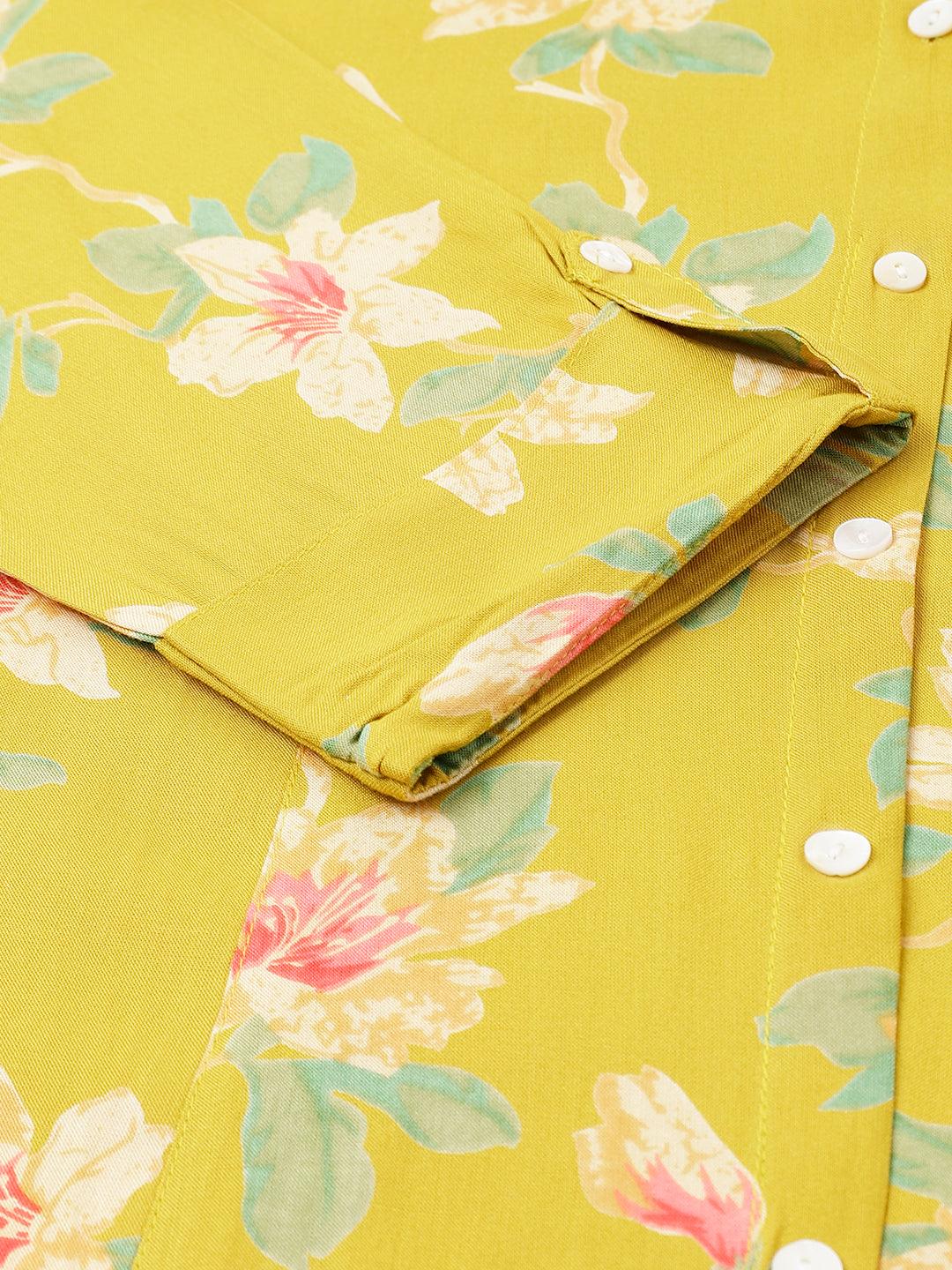  Yellow Floral printed Rayon A-line Shirts Style Top 