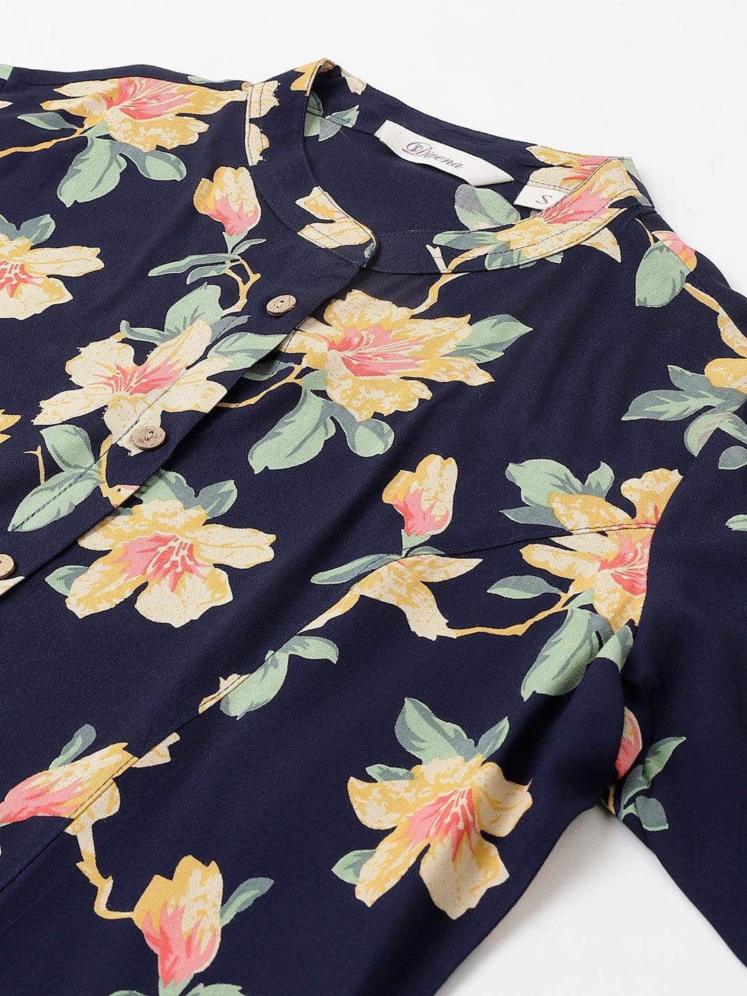  Navy Blue Floral printed Rayon A-line Shirts Style Top