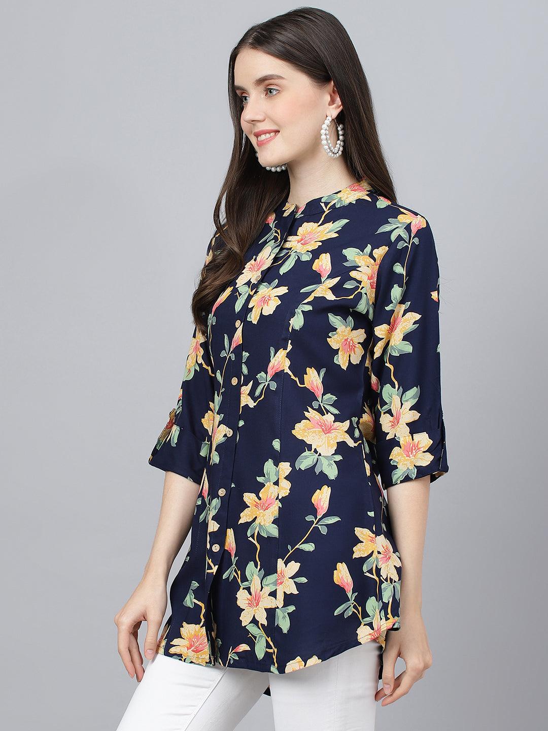  Navy Blue Floral printed Rayon A-line Shirts Style Top