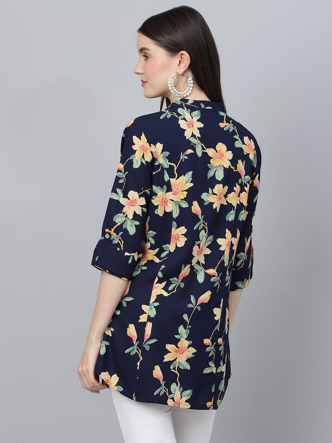  Navy Blue Floral printed Rayon A-line Shirts Style Top
