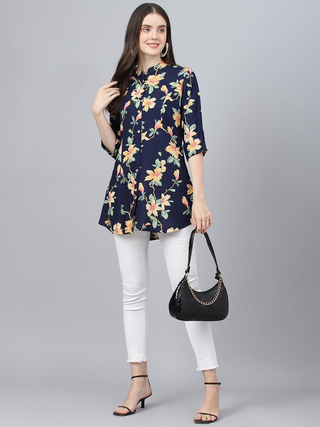  Navy Blue Floral printed Rayon A-line Shirts Style Top