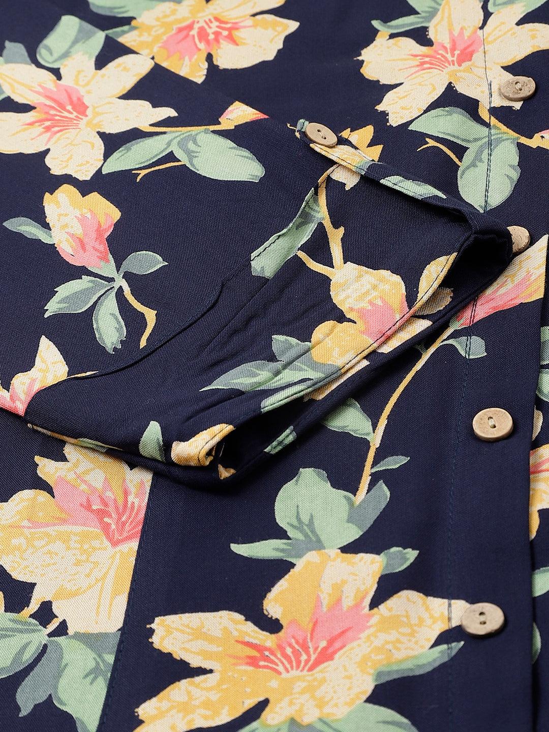  Navy Blue Floral printed Rayon A-line Shirts Style Top