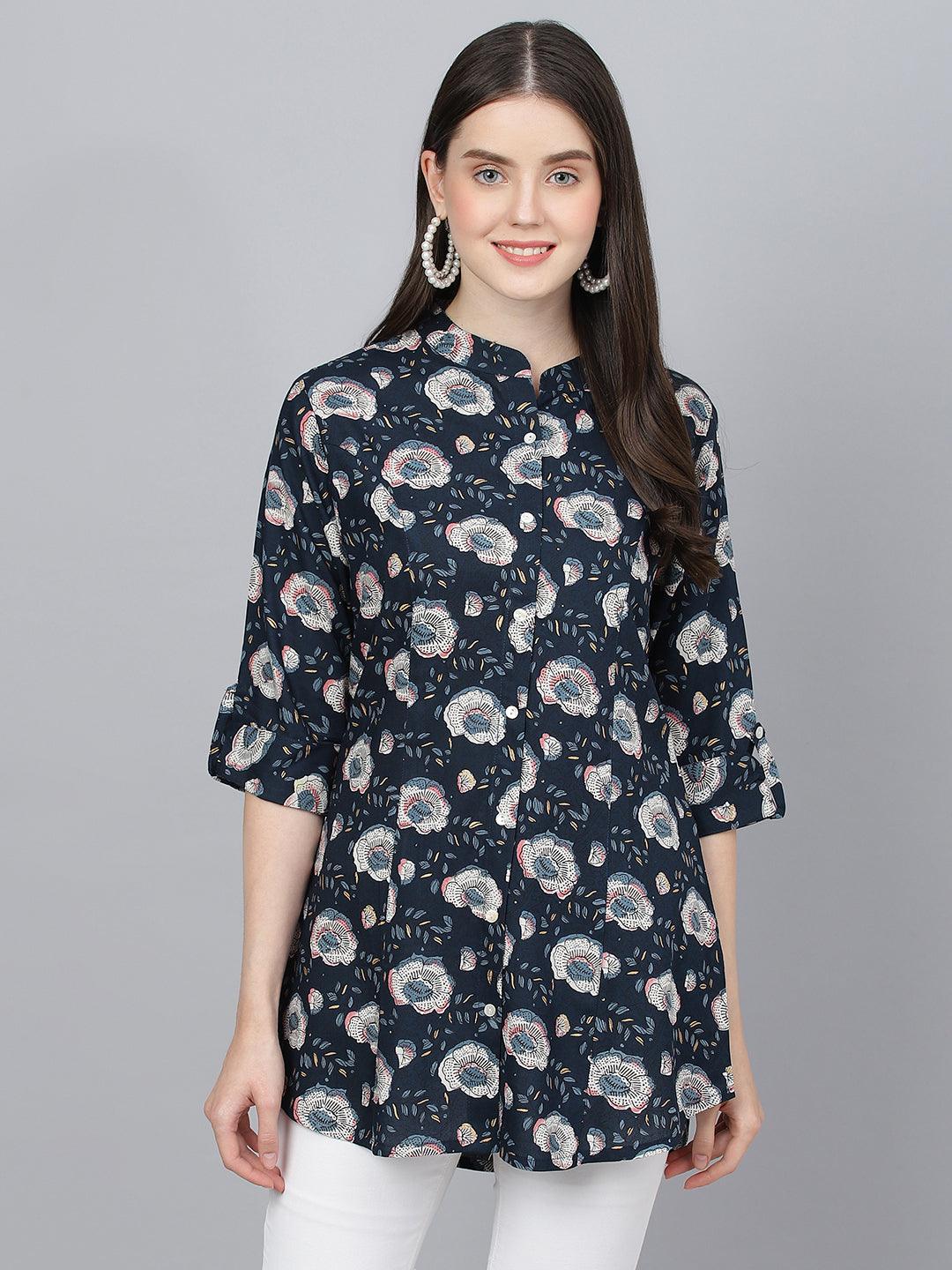  Blue Floral printed Rayon A-line Shirts Style Top 