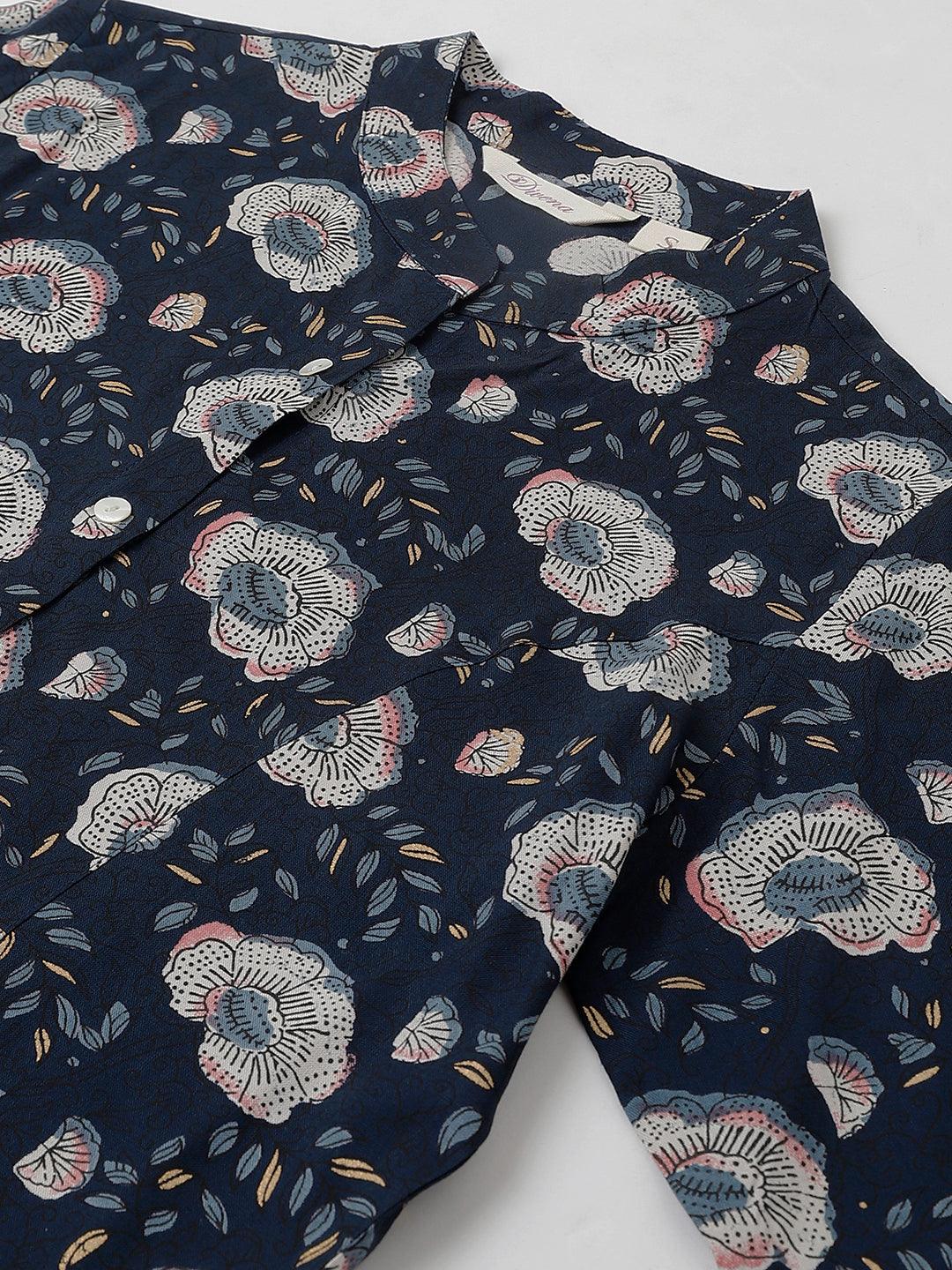  Blue Floral printed Rayon A-line Shirts Style Top 