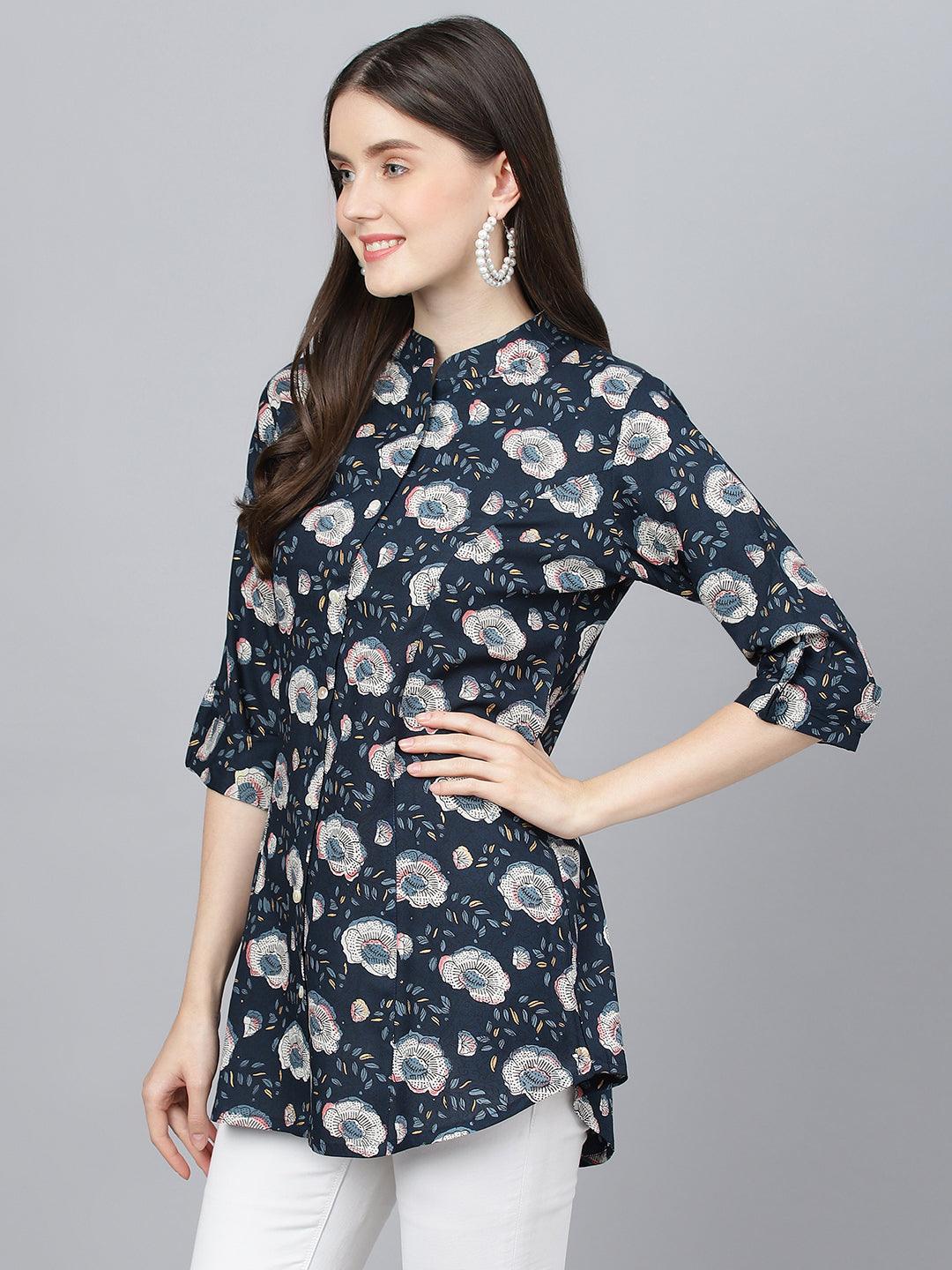  Blue Floral printed Rayon A-line Shirts Style Top 