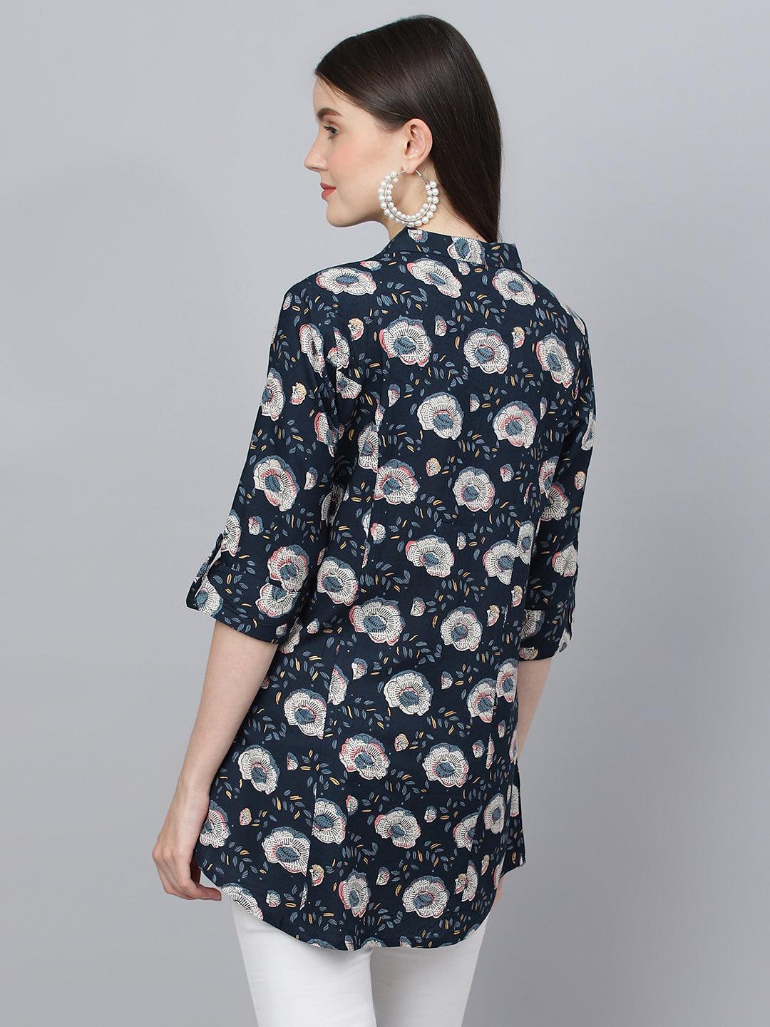  Blue Floral printed Rayon A-line Shirts Style Top 