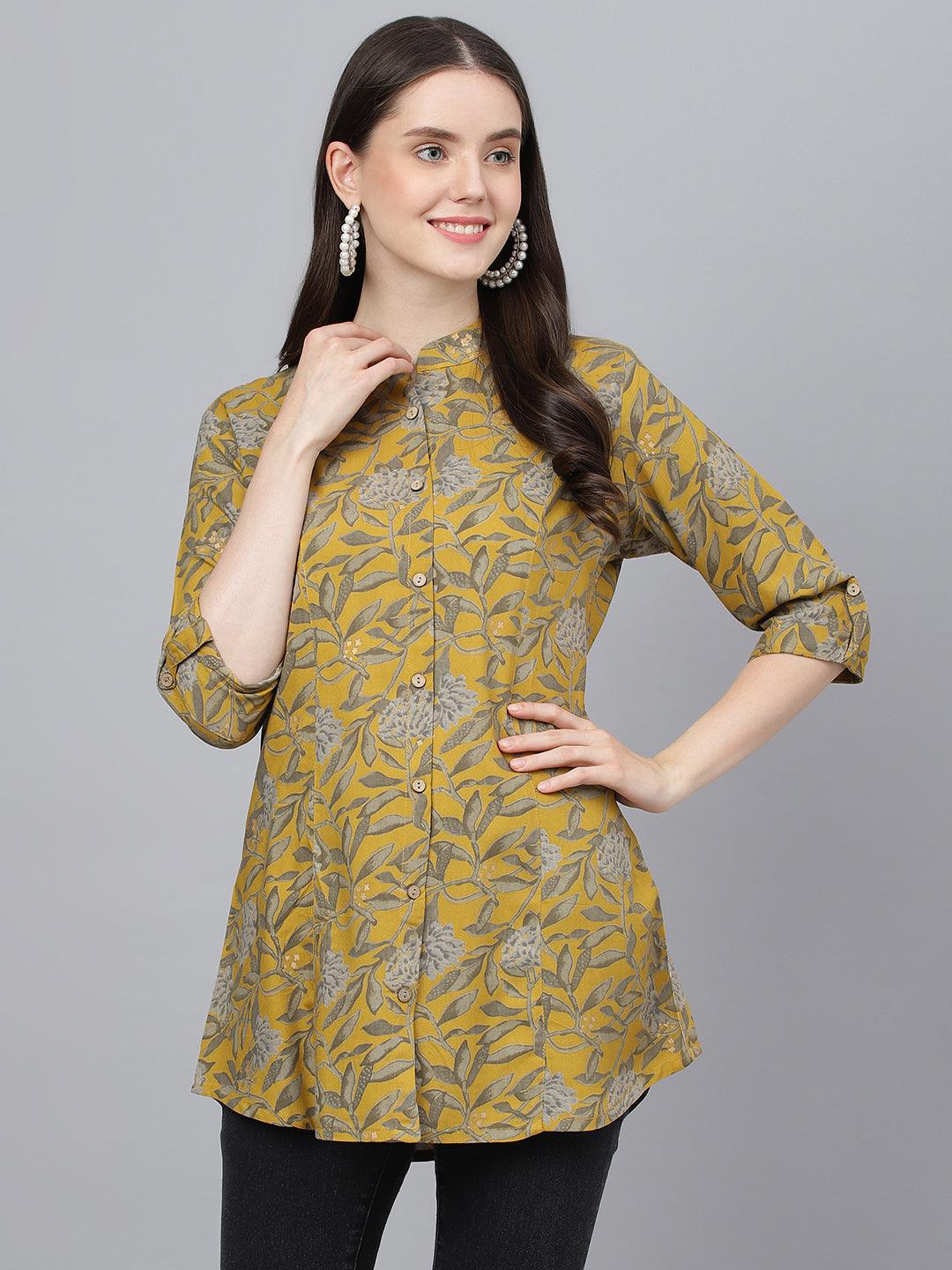  Mustard Floral printed Rayon A-line Shirts Style Top  