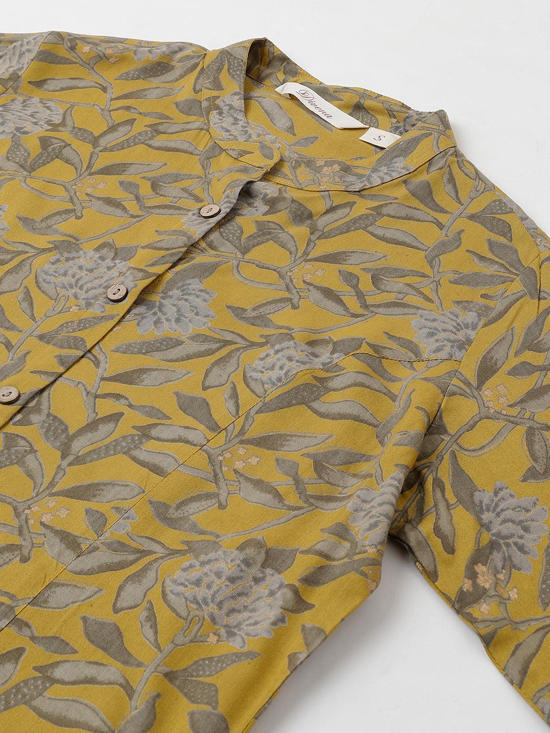  Mustard Floral printed Rayon A-line Shirts Style Top  