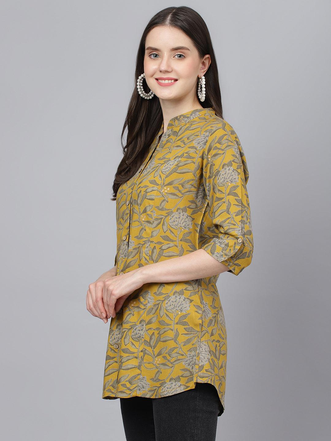  Mustard Floral printed Rayon A-line Shirts Style Top  