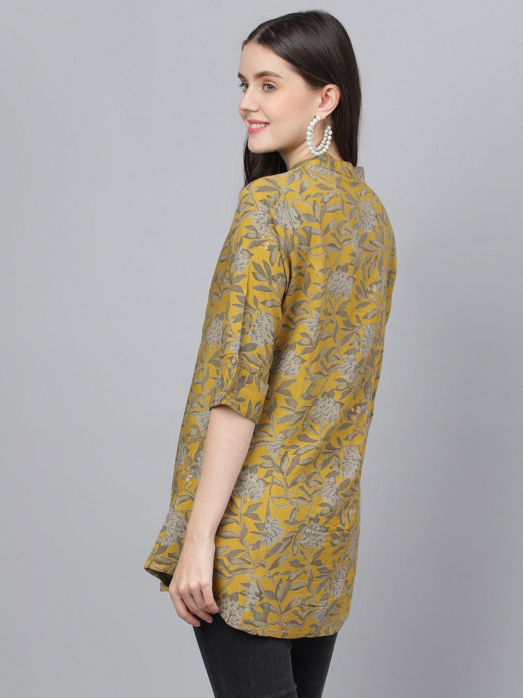  Mustard Floral printed Rayon A-line Shirts Style Top  
