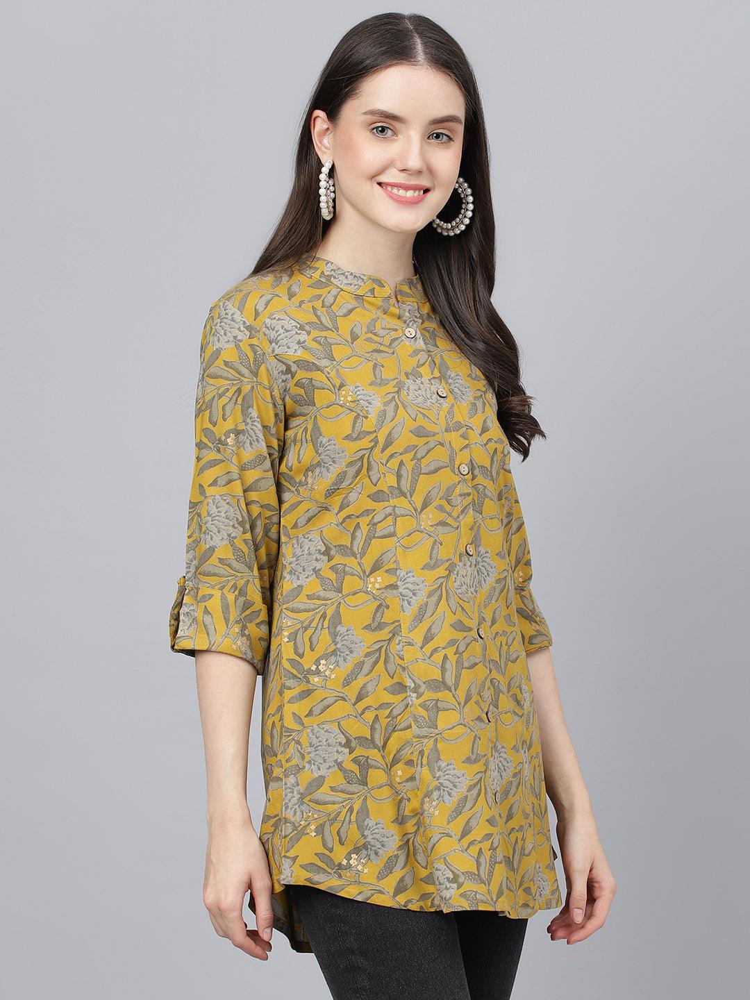  Mustard Floral printed Rayon A-line Shirts Style Top  