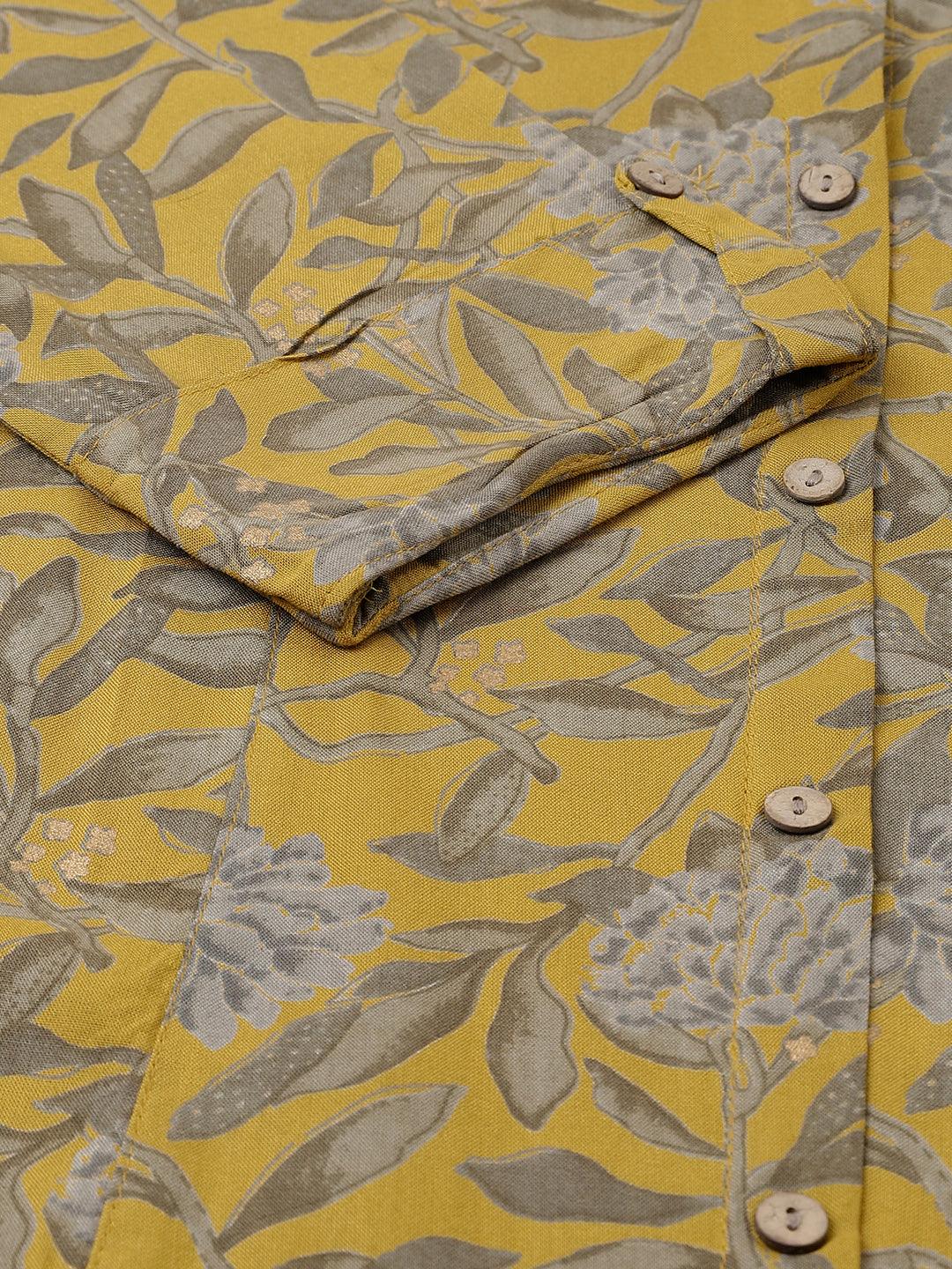  Mustard Floral printed Rayon A-line Shirts Style Top  