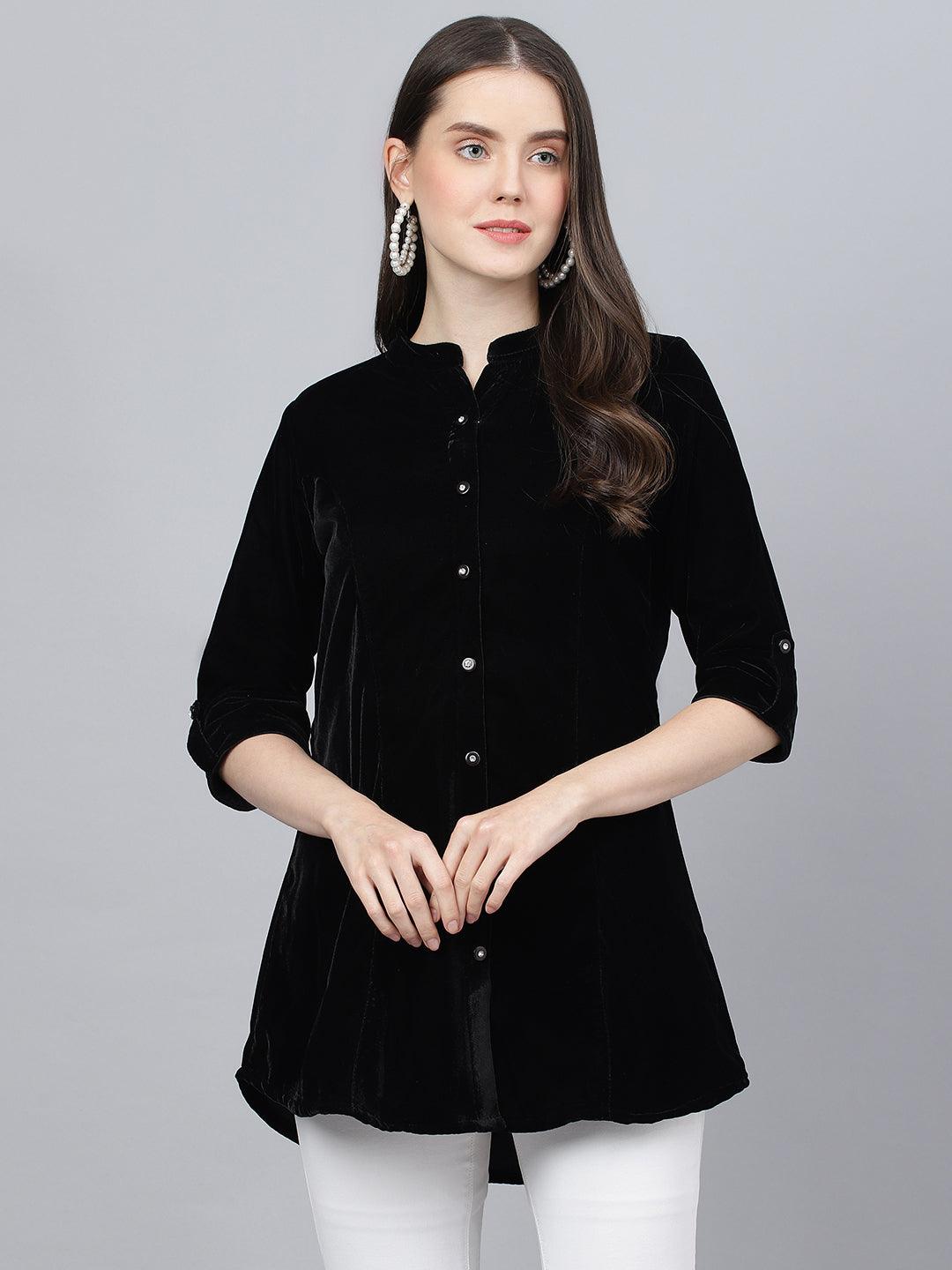  Black Solid Velvet A-line Shirts Style Top